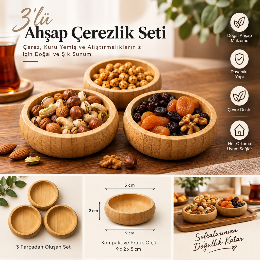 Ahşap 3’lü Çerezlik Seti – Yuvarlak Kuru Yemiş ve Atıştırmalık Sunumluk
