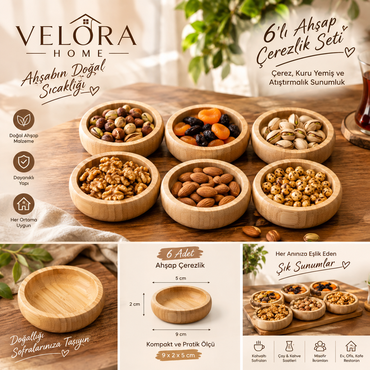 Velora Home 6’lı Ahşap Çerezlik Seti – Doğal Ahşap Sunumluk